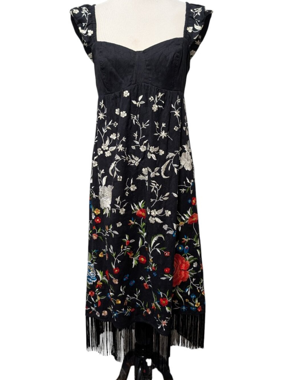 Anthropologie Womens NWT Sz 10 Black Floral Embroidered Fringe Cap Sleeve Dress